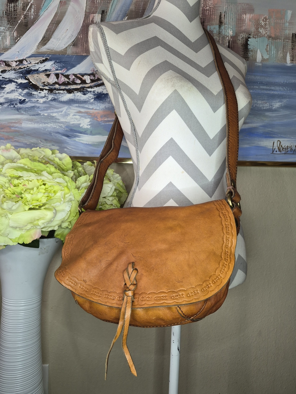 Lucky Brand Cognac Leather Crossbody Saddle Bag